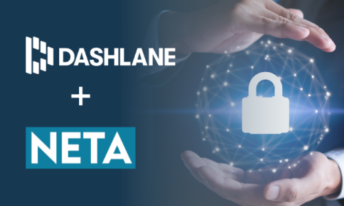 Dashlane logo + NETA logo. Image of hands around a digital illustration of a lock