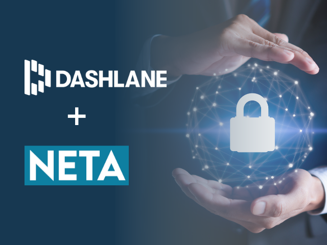 Dashlane logo + NETA logo. Image of hands around a digital illustration of a lock