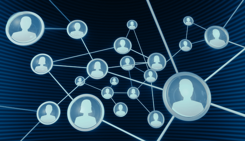 illustration of people in bubbles connected with lines in 3D space