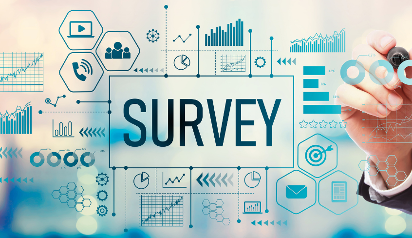 Graphic of a hand writing on a clear board with charts and graphs and the word Survey